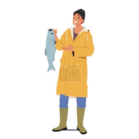 Ilustración de Orgulloso personaje pescador muestra su impresionante captura, un pez de gran tamaño acunado en sus manos, mostrando las recompensas de la paciencia y la habilidad en el arte de la pesca. Dibujos animados Gente Vector Ilustración - Imagen libre de derechos
