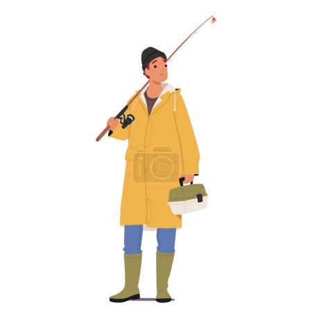 Illustration for Fisherman Character Stands, Rod On Shoulder, Tackle Box In Hand, Ready For A Day By The Water. Anticipation Gleams In His Eyes Echoing The Rhythm Of Nature Serenity. Cartoon People Vector Illustration - Royalty Free Image