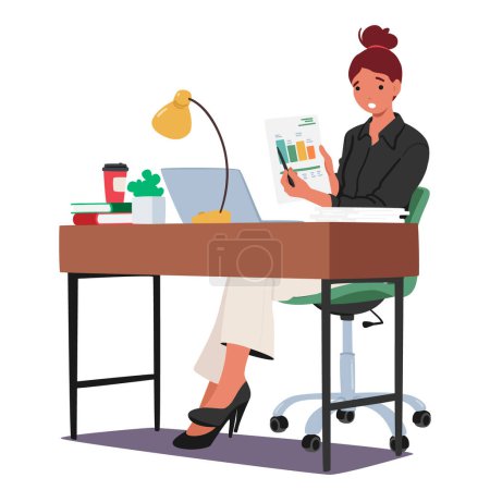 Illustration for Focused Woman At Office Desk, Diligently Work with Charts, Surrounded By Papers And Devices, Character Illustrating Dedication And Professionalism In Her Work Environment. Cartoon Vector Illustration - Royalty Free Image