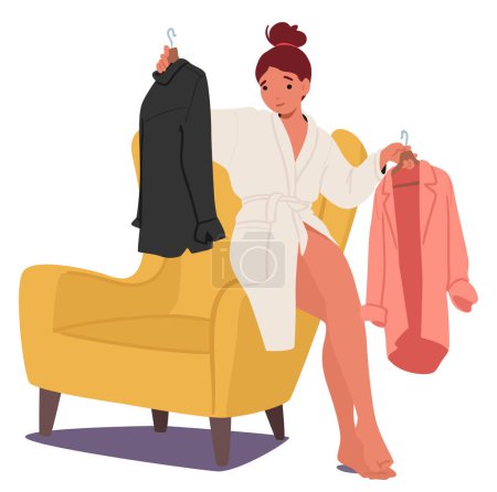 Der weibliche Charakter wählt ihre Kleidung sorgfältig im Komfort ihres Hauses aus, spiegelt den persönlichen Stil und die Stimmung wider und schafft einen einzigartigen Ausdruck des Selbst durch ausgewählte Kleidungsstücke. Zeichentrickvektorillustration