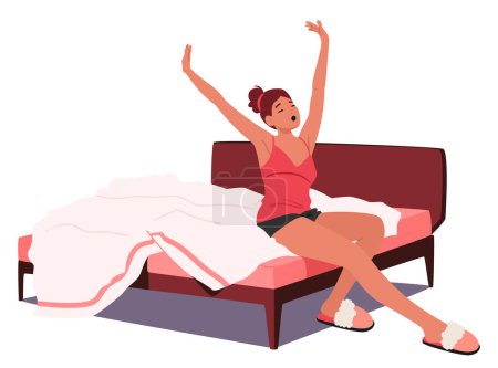 Illustration for Woman Character Awakens Gracefully, Extending Her Arms And Legs In A Morning Stretch On Her Bed, Embracing The Dawn With A Serene And Rejuvenating Start To The Day. Cartoon People Vector Illustration - Royalty Free Image