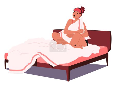 Illustration for Exhausted And Drained Woman Character Sitting In Bed, Shadows Of Weariness Etched On Her Face. Heavy Eyelids Close As She Surrenders To The Embrace Of Fatigue. Cartoon People Vector Illustration - Royalty Free Image
