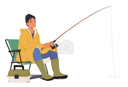 Téléchargez les illustrations : Personnage pêcheur assis avec tige dans les mains et s'attaquer à la boîte à proximité, patiemment en attente d'une prise. La scène sereine capture l'essence de la pêche à la ligne. Illustration vectorielle des personnages de bande dessinée - en licence libre de droit