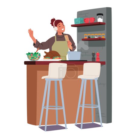 Illustration for Woman Prepares A Delicious Home-cooked Meal, Gracefully Moving Around The Kitchen, Aromas Fills The Air As She Skillfully Orchestrates Culinary Delights With Love. Cartoon People Vector Illustration - Royalty Free Image