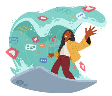 Illustration for Female Character Navigating Vast Digital Waves on Smartphone Board, Surfing The Internet For Information, Connections, And Entertainment, Riding The Virtual Currents Of Cyberspace. Vector Illustration - Royalty Free Image