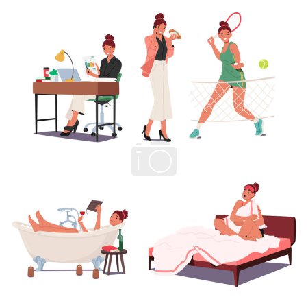 Illustration for Woman Daily Routine Involves Tasks Like Tennis Exercises, Work in the Office, Meals, Relaxation in Bathroom and Sleep. Female Character Schedule Time Activities. Cartoon People Vector Illustration - Royalty Free Image