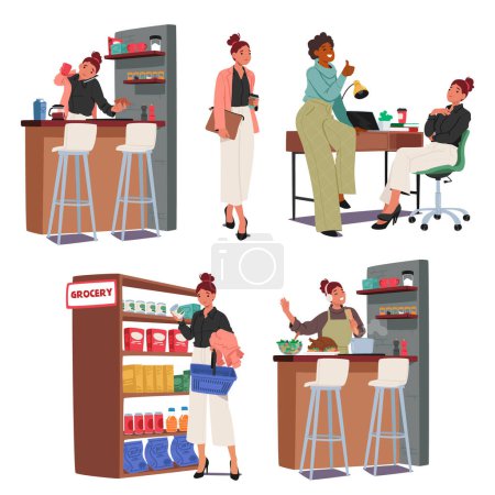 Woman Daily Routine Tasks. Breakfast, Waking to Office, Work, Shopping Groceries and Cooking Meals, Female Character Balancing Responsibilities With Personal Time. Cartoon People Vector Illustration