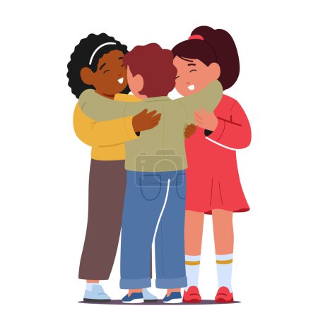Illustration for Three Inseparable Kid Characters Embrace In Heartwarming Hug. Their Laughter Echoing, Bonds Of Friendship Woven In Innocence, Creating Memories That Last A Lifetime. Cartoon People Vector Illustration - Royalty Free Image
