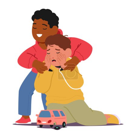 Ilustración de Kid Consoles Tearful Friend, calmando su angustia por un juguete roto. Palabras reconfortantes y un abrazo cálido ofrecen consuelo, reparando la herida emocional. Dibujos animados Gente Vector Ilustración - Imagen libre de derechos
