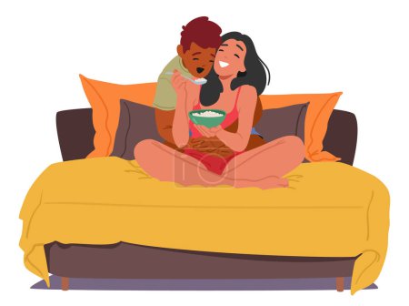 Illustration for Woman Delicately Feeds Man In A Cozy Embrace Of Love. Characters Enjoy Morning Ritual In Their Intimate Haven, Savoring Moments Of Connection Over Shared Breakfast In Bed. Cartoon Vector Illustration - Royalty Free Image
