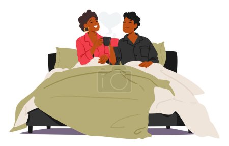 Illustration for Black Couple Characters Wrapped In Cozy Blankets, Clinks Coffee Cups, Sharing Smiles Over A Breakfast In Bed. Love Brewed In Every Sip, Creating Cherished Moments In The Warm Embrace Of Morning Vector - Royalty Free Image