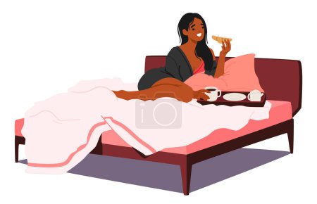 Ilustración de Radiante luz de la mañana besa la cara de personaje femenino negro mientras se deleita en un suntuoso desayuno en la cama, mujer disfrutando de cruasán crujiente y café fragante durante el momento de serenidad dichosa - Imagen libre de derechos