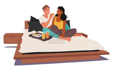 Illustration for Cozy Morning Unfolds As A Couple Male Female Characters Shares Breakfast In Bed. He Tenderly Feeds Her Cookies, Laughter Echoing In The Warmth Of Shared Moments. Cartoon People Vector Illustration - Royalty Free Image