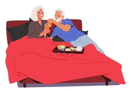 Ilustración de Senior Couple Smiles As They Clink Juice Glasses In Soft Morning Light (en inglés). Personajes saboreando un acogedor desayuno en la cama, compartiendo amor y risa mientras comienza el día. Dibujos animados Gente Vector Ilustración - Imagen libre de derechos