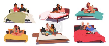 Illustration for Vector Set of Indulgent Morning Moments. Couples Savoring Breakfast In Bed, Sharing Laughter, Whispers, And Warmth. A Tableau Of Love, Adorned With Sunlight And The Aroma Of Freshly Brewed Coffee - Royalty Free Image