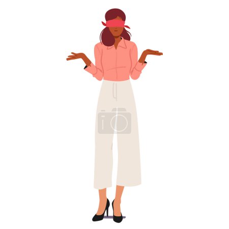 Illustration for Blindfolded Woman, Uncertain Expression, Shoulders Lifted In A Subtle Shrug. Ambiguity And Vulnerability Conveyed Through Body Language, A Silent Gesture In The Unknown. Cartoon Vector Illustration - Royalty Free Image