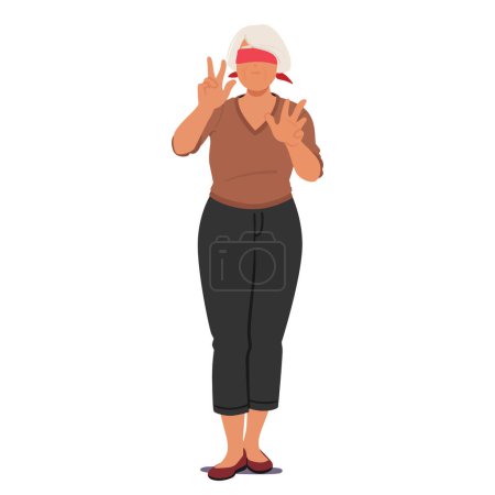 Illustration for Blindfolded Senior Woman Character Extends Her Hands Cautiously, Relying On Touch And Intuition, Navigating The Unseen World With Resilience And Quiet Determination. Cartoon People Vector Illustration - Royalty Free Image