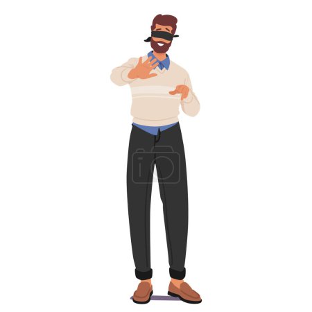 Illustration for Blindfolded Man Character Extends Hands Cautiously, Feeling The Air Around Him. Fingers Brush Against Unseen Boundaries, Mapping An Unknown Space With Careful Exploration. Cartoon Vector Illustration - Royalty Free Image