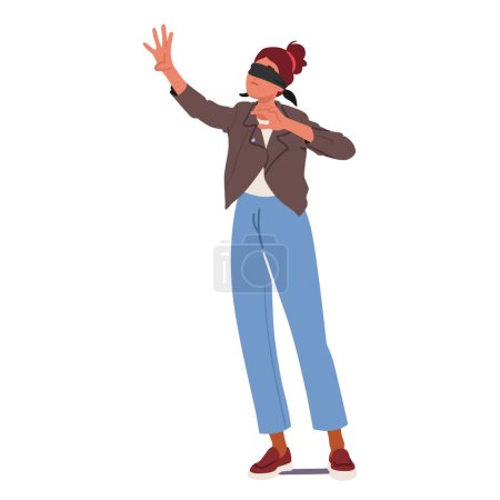 Illustration for Blindfolded Woman Extends Tentative Hands, Seeking Connection In The Dark. Female Character Relying On Touch To Navigate The Unseen World That Surrounds Her. Cartoon People Vector Illustration - Royalty Free Image