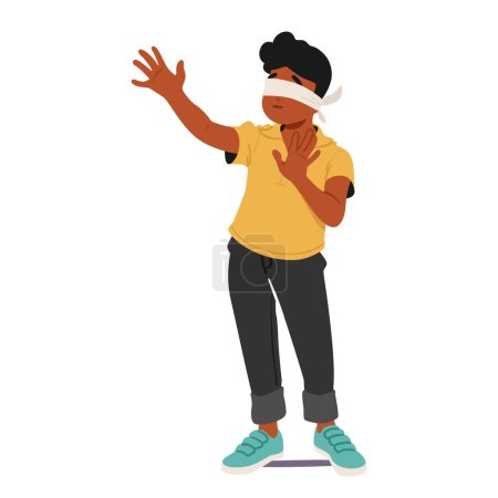 Blindfolded Boy Extends Hands Tentatively, Exploring The Unknown With Cautious Curiosity. His Senses Heightened, He Navigates The Unseen, Relying On Touch And Intuition. Cartoon Vector Illustration
