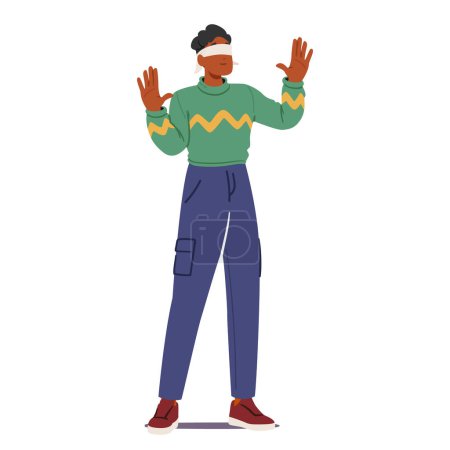 Illustration for Blindfolded Man Extends Hands Tentatively. Confused Male Character Seeking Touch To Navigate Surroundings, Relying On Senses To Perceive The World Without Sight. Cartoon People Vector Illustration - Royalty Free Image