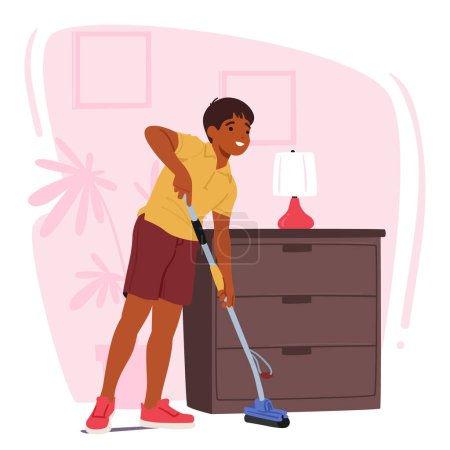 Illustration for Diligent Boy Passionately Vacuums, and Listens Lively Music. Harmony In Household Tasks And Melodies Creates An Energetic Rhythm, Transforming Chores Into An Enjoyable Experience. Vector Illustration - Royalty Free Image