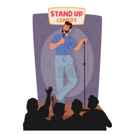 Ilustración de Artista masculino entrega estruendoso stand-up en el escenario, tejiendo observaciones ingeniosas con tiempo impecable. Su carisma cautiva al público, con obras maestras cómicas, fomentando la risa a lo largo de - Imagen libre de derechos