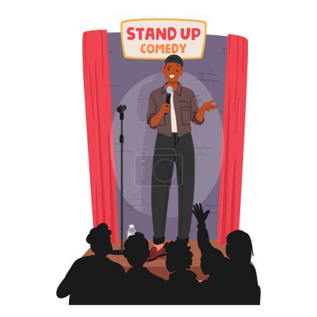Illustration for Male Artist Confidently Commands The Stage, Delivering Uproarious Punchlines With Impeccable Timing. Expressive Gestures And Infectious Energy Creating A Night Filled With Laughter And Joy, Vector - Royalty Free Image