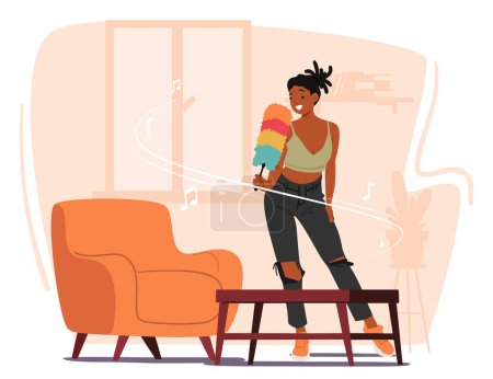 Illustration for Joyful Woman Cleans Home, Swaying To Music Rhythm and Singing to Pipidastr Microphone. Music Fills The Air As She Sings, Creating A Lively Atmosphere While Maintaining Domestic Chores And Delight - Royalty Free Image