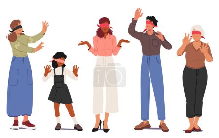 Illustration for Blindfolded Characters Extend Hands, Navigating Unknown With Tactile Senses. Embracing Uncertainty, People Rely On Touch To Explore And Connect, Transcending Visual Limitations. Vector Illustration - Royalty Free Image