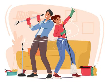 Illustration for Joyful Couple Tidying Their Home, Immersed In Music Rhythms. Young Characters Sweeping And Singing, Their Laughter Harmonizes With The Melody, Turning Chores Into A Delightful Dance Of Togetherness - Royalty Free Image