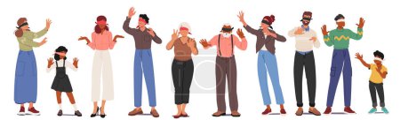 Illustration for Blindfolded Male and Female Characters Navigate By Relying On Heightened Senses, Feeling Their Surroundings Through Touch, Sound, And Spatial Awareness, Showcasing Adaptability In Sensory Perception - Royalty Free Image