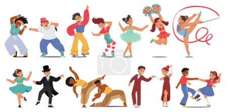 Illustration for Energetic Laughter Fills The Air As Kids Twirl And Groove To Lively Beats. Their Tiny Feet Create A Kaleidoscope Of Joy, Expressing Boundless Enthusiasm Through Carefree Dance Movements. Vector Set - Royalty Free Image
