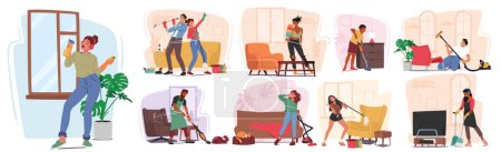 Illustration for Joyful Tunes Fill The Air As People Diligently Clean Their Homes, Characters Swaying To The Rhythm While Wiping Surfaces, Vacuuming, And Organizing, Creating A Harmonious Blend Of Chores And Music - Royalty Free Image