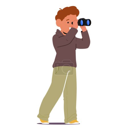 Illustration for Curious Little Boy Peers Through Binoculars. Kid Character Exploring The World With Wonder, Discovering Hidden Realms Beyond His Gaze. Cartoon People Vector Illustration - Royalty Free Image