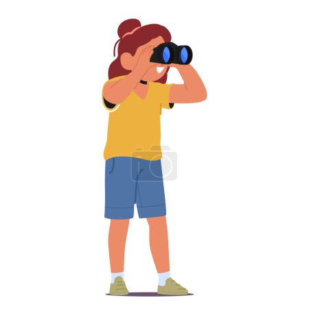 Illustration for Little Girl Peering Through Binoculars, Discovering A World Magnified. Imagination Soaring, Child Explorer Embraces The Magic Of Distant Sights Unfolding Before Her Curious Gaze. Cartoon Illustration - Royalty Free Image