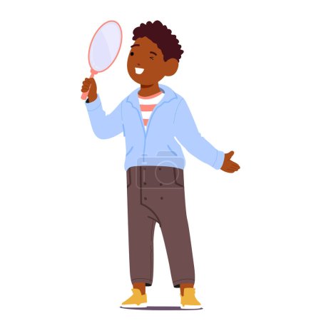Illustration for Wide-eyed Little Boy Character Peers Through A Magnifying Glass, Capturing Miniature Worlds With Curiosity, Discovering Hidden Details That Expand His Imagination. Cartoon People Vector Illustration - Royalty Free Image