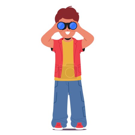 Illustration for Curious Boy Character Peers Through Binoculars, Eyes Wide With Wonder, Discovering World Unseen. Small Explorer Embraces The Magic Of Distant Horizons In His Hands. Cartoon People Vector Illustration - Royalty Free Image