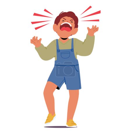 Illustration for Uncontrollable Child Boy Character Tantrum. Piercing Screams, Flailing Limbs, Tears Cascade. Overwhelmed Emotions Erupt, Echoing Distress In A Cacophony Of Chaos. Cartoon People Vector Illustration - Royalty Free Image