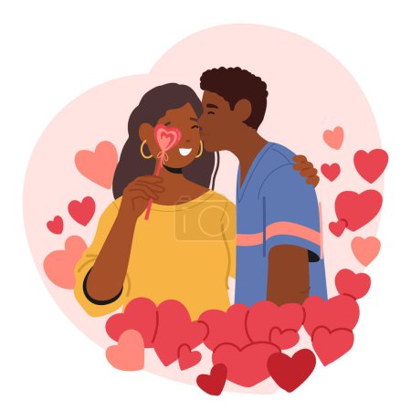 Illustration for Romantic Black Couple Characters Share Tender Moment, Surrounded By A Cascade Of Hearts In A Blissful Kiss. Their Love, A Testament To A Deep, Enchanting Connection. Cartoon People Vector Illustration - Royalty Free Image