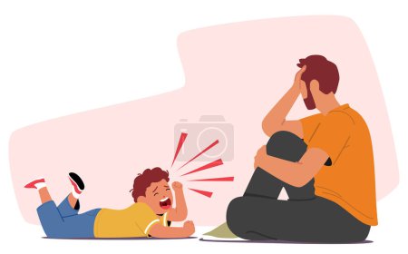 Illustration for Distressed Child Unleashes Hysterical Screams, A Torrent Of Emotions In A Tantrum. Despondent Father, Overwhelmed With Sadness, Struggles To Comfort And Understand. Cartoon People Vector Illustration - Royalty Free Image