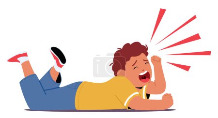 Illustration for Distressed Child Unleashes A Torrent Of Tears, Beats Against The Ground, And Screams Uncontrollably. Kid Boy Character Engulfed In A Hysterical Tantrum. Cartoon People Vector Illustration - Royalty Free Image