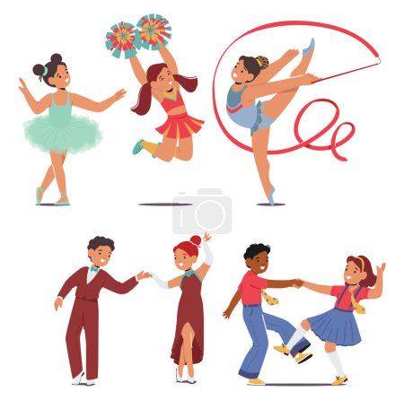 Illustration for Vector Set of Happy Kids Dance Ballet, Cheerleading, Gymnastics, Foxtrot and Rock-n-Roll, Exude Joy And Creativity, Lively Expression Of Youthful Energy. With Playful Moves And Contagious Enthusiasm - Royalty Free Image