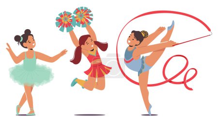 Téléchargez les illustrations : Les filles de ballet exultent la grâce dans des mouvements précis, les pom-pom girls rayonnent d'énergie avec des acclamations synchronisées, et les gymnases captivent avec des bascules dynamiques, incarnant une fusion d'art et d'athlétisme dans les danses - en licence libre de droit