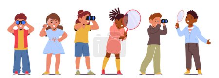 Illustration for Children Eagerly Explore The World With Binoculars Or A Magnifying Glass, Discovering Hidden Wonders In Nature. Curiosity Sparks As They Observe And Marvel At Details Around Them. Vector Illustration - Royalty Free Image