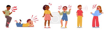 Ilustración de Los niños pequeños desencadenan gritos penetrantes, extremidades y lágrimas en medio de una rabieta, expresando frustración y confusión emocional en una exhibición caótica de angustia. Ilustración de vectores de dibujos animados - Imagen libre de derechos