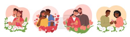 Illustration for Man And Woman Characters Share Tender Gazes, Cocooned By A Floral Frame In A Blooming Embrace. Love Blossoms, Entwining Their Hearts In A Fragrant Tapestry Of Affection. Cartoon Vector Illustration - Royalty Free Image