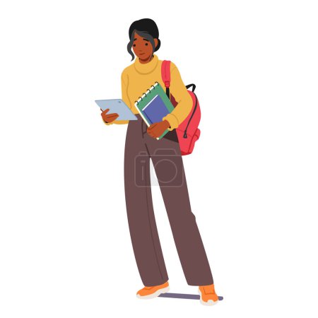 Focused Student Girl, Engrossed In Tablet, Demonstrates Digital Literacy And Modern Learning. Her Determined Gaze Reflects Integration Of Technology Into Education. Cartoon People Vector Illustration