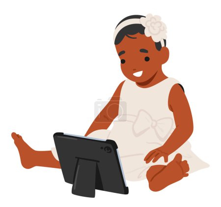 Téléchargez les illustrations : Bébé fille noire curieuse s'engage avec un ordinateur tablette, ses yeux larges avec merveille alors qu'elle explore l'écran coloré, embrassant la technologie moderne avec innocence et fascination. Illustration vectorielle de bande dessinée - en licence libre de droit