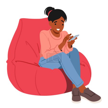 Illustration for Black Teen Girl Character Engrossed In Her Smartphone, Fingers Scrolling the Screen, Navigating The Virtual World of Digital Connection With Youthful Enthusiasm. Cartoon People Vector Illustration - Royalty Free Image